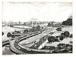 Budapest, view with the Elizabeth Bridge, large-scale etching, 1964