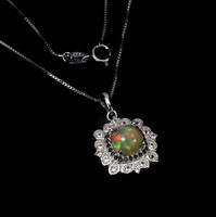 Real fire opal and black spinel 925 silver necklace