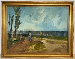 Id. Benedek Jenő (1906-1987) Balatonpart c. 60x80 cm Képcsarnokos olajfestménye