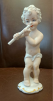 Schaubach Kunst ritka, hibátlan porcelán fuvolázó puttó figura
