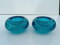 Türkiz kék vastag üveg mécsestartó pár