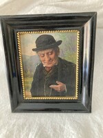 Oil painting / Old man looking at his pocket watch