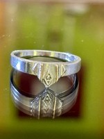 Antik ezüst gyűrű, valódi természetes, kis gyémántkővel és 14 karátos arannyal díszítve