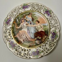 Zsolnay openwork antique decorative plate, girls pressing grapes and drinking wine (20.5 cm)