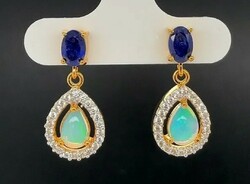 Gorgeous Ethiopian Noble Opal / Sapphire Gemstone 925 Sterling Silver Earrings, 14k Gold Plated - New