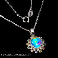 Real fire opal white topaz and colored sapphire 925 silver necklace