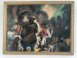 Tibor Boromisza's painting at the shepherd's fire with runic writing