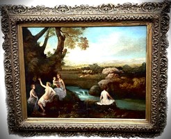 Garantált eredeti Ifj Markó Károly fürdőző nők gyönyörű Olasz tájon ! 12mft -os festmény 1Ft-ról !