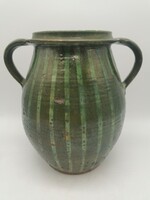 Two-eared, striped, green folk pot