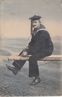Old photo sheet, colorful Norwegian postcard, sailor on a mast