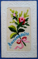 Antik üdvözlő képeslap dombornyomott keretben kézzel hímzett selyem virág