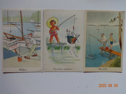 Három humoros, grafikus üdvözlő képeslap együtt: horgászat, halászat -Tóth József és Macskássy János