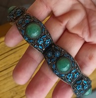 Antique Art Nouveau jade stone cloisonné decorated silver bracelet