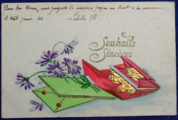 Antik dombornyomott üdvözlő képeslap pénztárca aranypénz levél virág