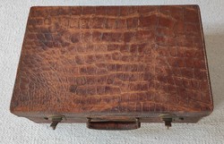 Genuine leather antique suitcase with monogram, silk lining, crocodile skin pattern