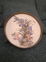 Art Nouveau tray with faience inlay, metal frame with pastel flower decoration