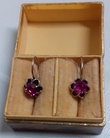 Retro-marked Russian inlaid silver hook-and-loop earrings studded with a polished pink set stone