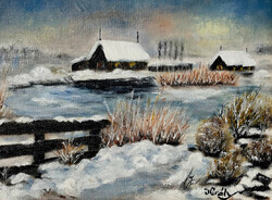 Walking down to the lake, in winter - framed oil painting - 24 x 18 cm painting + frame