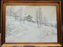 József Csáki-maronyák (1910 - 2002) - work of famous Hungarian painter, winter landscape. Tempera painting.