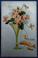 Antique art nouveau embossed greeting card goldfish in violet vase silver background Apr 1.