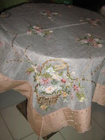Fabulous handmade ribbon embroidered special flower basket tablecloth