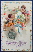 Antik szecessziós dombornyomott üdvözlő képeslap angyalkák virágcsokorral