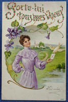 Antik szecessziós dombornyomott üdvözlő képeslap hölgy levéllel galamb ibolya