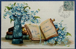 Antique embossed litho greeting card still life with book in forget-me-not vase