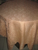 Beautiful golden yellow floral woven damask tablecloth with a lace edge