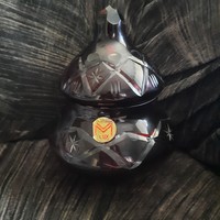 Lux vastagfalú bordó üveg bonbonier, fedeles doboz