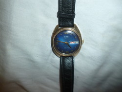 Old wind-up blue dial slava men's wristwatch with calendar date