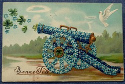 Antik dombornyomott üdvözlő képeslap  virág ágyú nefelejcsből 4levelű lóhere