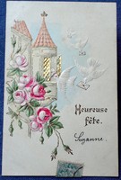 Antik dombornyomott  üdvözlő képeslap arany ablakú toronyszoba rózsa gyalambok