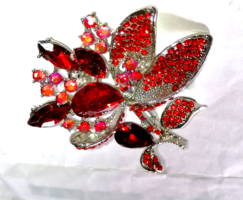 Retro, large sparkling red flower brooch with thousand stones 77.