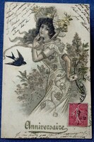 Antik arannyal préselt szecessziós üdvözlő képeslap hölgy levéllel  fecskével