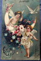 Antique embossed greeting card angels moon gold star rose