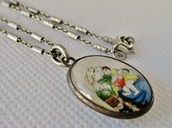 Beautiful antique silver hand-painted Mary pendant on a silver necklace
