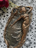 Old Art Nouveau small metal bowl female nude, business card holder, bronze