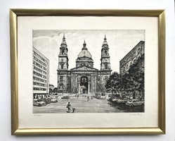 Károly Jurida (1935 - 2009): Budapest, Basilica, signed retro etching