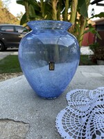 Retro kék  gömb váza repesztett Gyönyörű  Fátyolüveg fátyol karcagi berekfürdői üveg