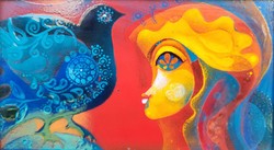 Béni Mária - girl with a bird c. Fire enamel mural with juried industrial art original guarantee!