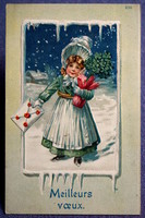 Antique embossed New Year greeting card little girl winter landscape 4-leaf clover envelope