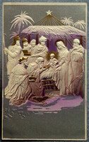 Antique embossed relief-like Christmas greeting artist postcard Holy Family Bethlehem 3 Kings