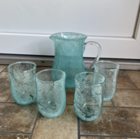 Retro ritka kék türkisz kancsó pohár repesztett Gyönyörű  Fátyolüveg fátyol karcagi berekfürdői üveg