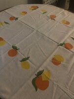 Lemon, orange on the table!. Tablecloth, table centerpiece