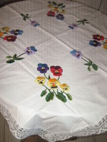 Beautiful hand-embroidered pansy needlework tablecloth