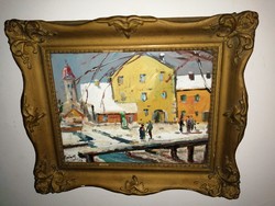 Nagybánya in winter, an oil painting attributed to a famous Hungarian painter.