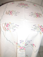 Beautiful antique tablecloth with flower basket embroidered with small cross stitch