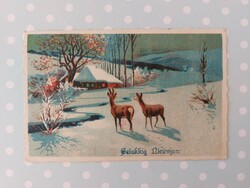 Old Christmas postcard 1931 postcard deer snowy landscape