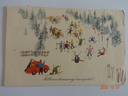 Régi grafikus karácsonyi üdvözlő képeslap - Gonda Zsuzsa - Rozs Endre rajz